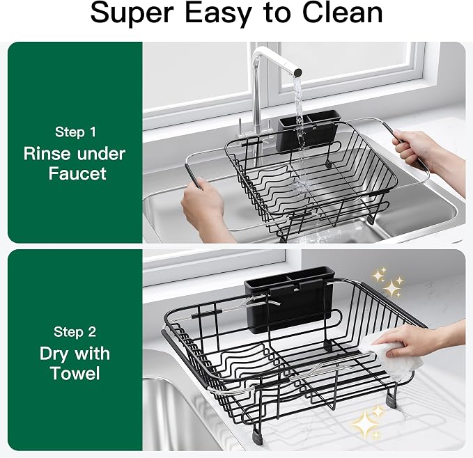 JASIWAY Black Dish Drying Rack in Sink with Utensil Holder, RV, Apartment | Over Sink Expandable Stainless Steel Dish Drainers for Compact Kitchen, Space Saving, Fast Drain, Rustproof, For 1-2 people - Image 9
