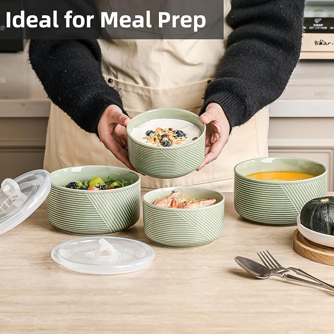 Ceramic Nesting Bowls with Lid, Microwave Safe, Set of 4, Green | Food Storage Containers for Work Lunch Picnic Camping Meal Prep Soup Salad Cereal Leftovers - 5 & 6 Inch, 20 & 32 oz - Image 7