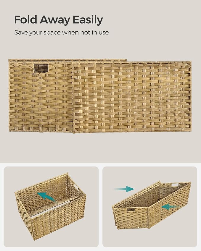 SONGMICS Storage Basket with Lid, Woven Blanket Storage Bin with Handles, Foldable, Removable Liner, Metal Frame, for Bedroom, Laundry Room, 27.7 Gallons (105 L), Natural URST066N01 - Image 9