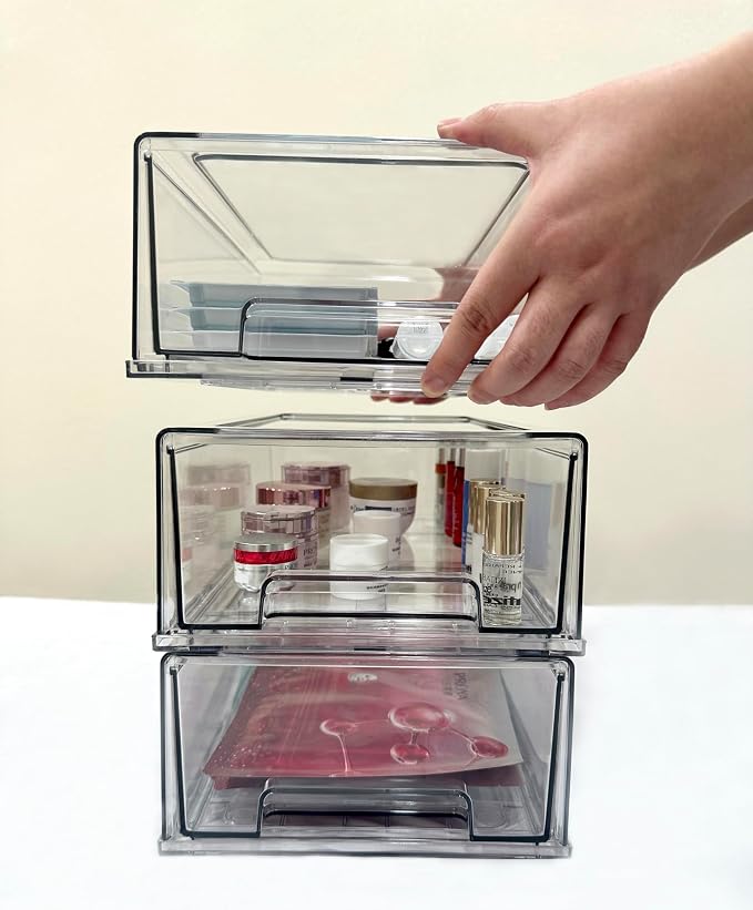 Stackable storage drawers, clear pull-out organizer with handles and non-slip pads for kitchen, refrigerator,office desktop, pantry and shelves, perfect for organization and storage (2 Pack, Medium) - Image 8