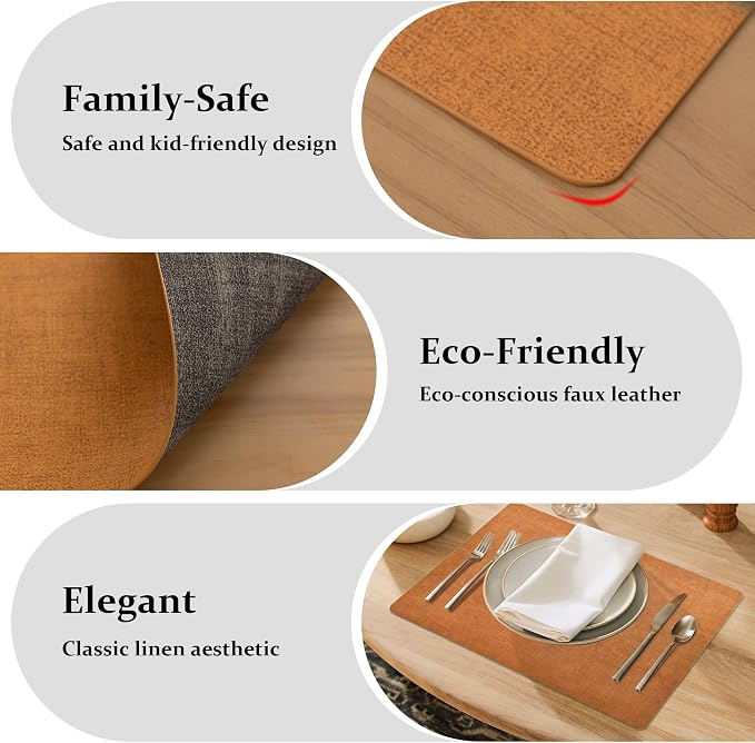 FROMHEART Faux Leather PU Placemats Set of 6 (Orange Grey,11.8" x 17") | Waterproof,Heat/Oil Stain-Resistant Table Mat–Reversible,Non-Slip,Easy to Clean Place Mats for Kitchen,Dining,Indoor/Outdoor - Image 7