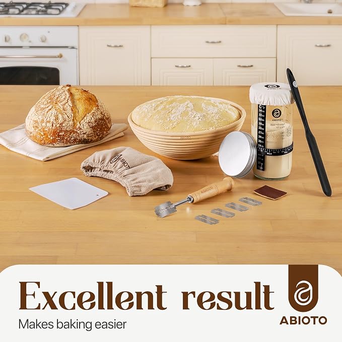 ABIOTO Sourdough Bread Starter Kit with Jar and Baking Supplies, 19 Pieces | Basic Sourdough Kit for Beginners - 9" Round Proofing Basket, Liner, 24oz Jar Set, Lame, Danish Whisk, Dough & Bowl Scrapers - Image 8