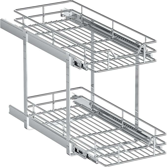 2-Tier Pull Out Cabinet Organizer, 10.5" W x 21.5" D, Heavy Duty Dual Slide Out Shelves for Narrow Base Cabinets, Chrome Wire Basket Drawer for Spices, Bottles & Snacks - Image 9