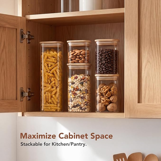 Square Glass Pasta Storage Containers, Set of 5, Pantry Organization & Storage Jars with Bamboo Lids, Stackable Borosilicate Kitchen Canisters for spaghetti, Sugar, Coffee, and Cereal - Image 8