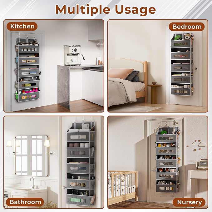 3 Pack 5 Tier Over The Door Organizer - Large Capacity Behind Door Hanging Shelves with 10 Mesh Pockets and Clear Windows, Closet Organizers and Storage for Bathroom, Bedroom, Nursery, Grey - Image 7