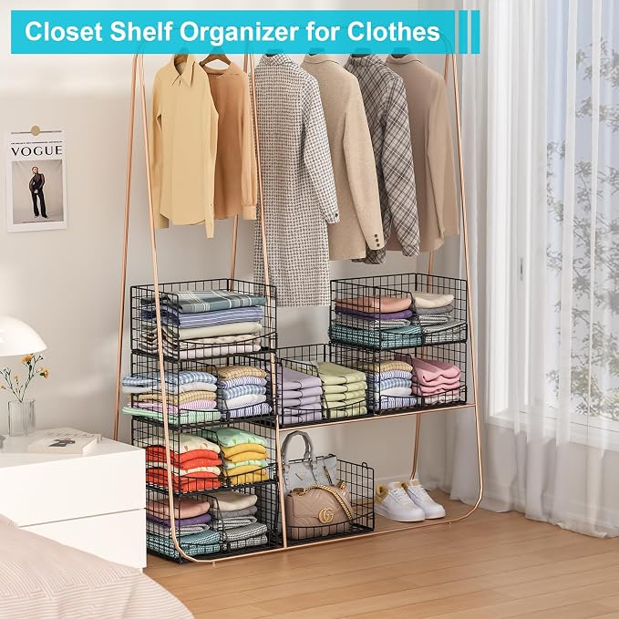 Hongtamoya 4-Tier Closet Organizers and Storage Basket with Divider, Foldable Closet Shelf Organizer System, Space-Saving Clothes Storage Drawer Organizer Bins for Wardrobe Cupboard, Black - Image 7