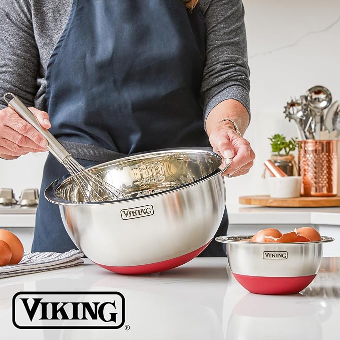 Viking Mixing Bowls Set, 10 Piece Stainless Steel Kitchen Cookware, Non-Slip Silicone Base, Includes Tight Fit Lids, Dishwasher Safe, Red - Image 6