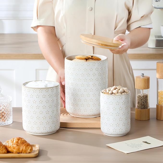 MALACASA LYDIA Ceramic Canisters Set with Airtight Lids, 80/40/20 oz Coffee Canisters Sets for the Kitchen, Large Jars for Flour, Sugar, Pasta, Coffee, Cookies, Tea - Set of 3, Five-Leaf Grass - Image 7