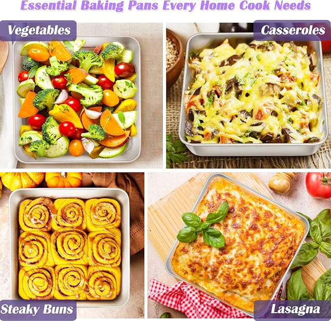 8 x 8-Inch Baking Pan, E-far Square Cake Brownie Baking Pans Stainless Steel Bakeware Set of 3, Fits in Small Toaster Oven, Non-toxic & Dishwasher Safe - Image 7