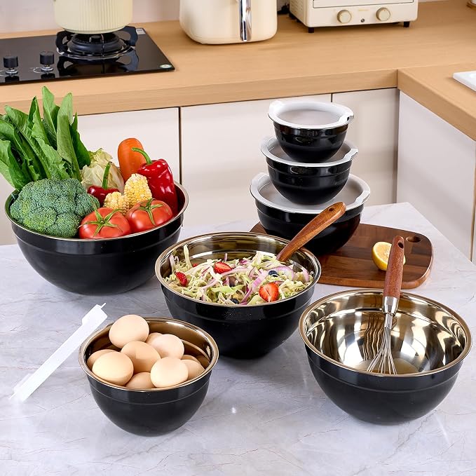 Black Mixing Bowls with Lids Set of 7, Stainless Steel Nesting Bowl with Khaki Lid for Non-slip Mixing Prepping Storing Serving, 7 Sizes-7/3.6/2.7/2.1/1.5/1/0.8 QT - Image 9