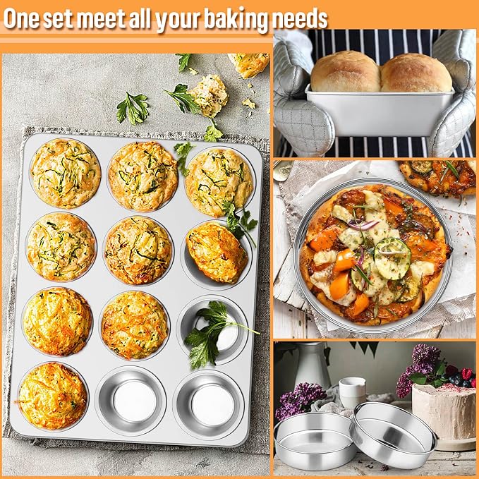 E-far 10-Piece Baking Pans set, Stainless Steel Bakeware Set for Oven, Include Cake Pan/Baking Cookie Sheet/Pizza/Muffin/Loaf Pan, Non-Toxic & Heavy Duty, Dishwasher Safe - Image 7