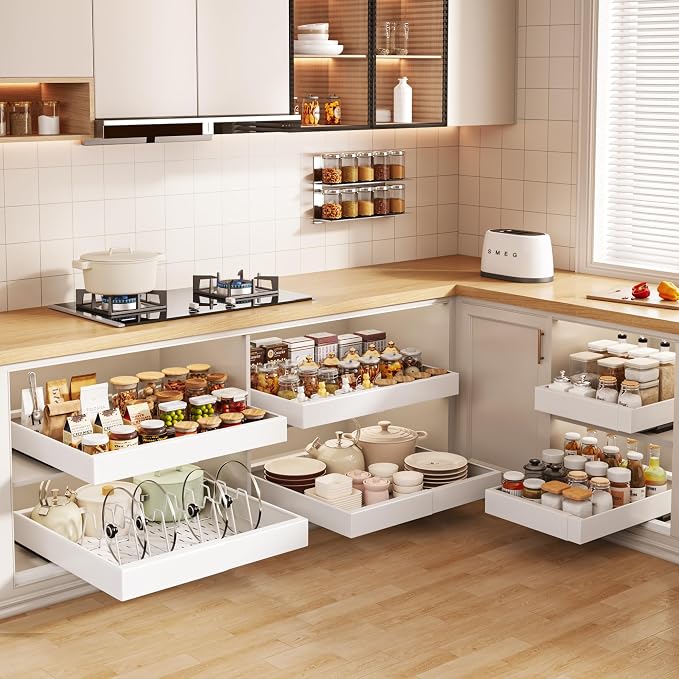 Seinloes 4 Pack Pull out Cabinet Organizer 21"Deep with Raising Pad for Framed Cabinets, Expandable Slide out Drawers for Kitchen Cabinets with 4pcs Divider Racks, Roll out Shelves 12.1"-20.4" W White - Image 7