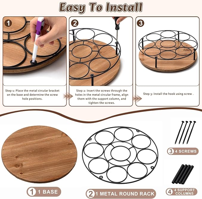 1 Pcs 9 Bottles Rotating Coffee Syrup Organizer, Large S Syrup Rack Carbon Steel Frame with Wooden Base Bottle Holder Stand for Coffee Bar Station, Turntable Wine Display Tray - Image 6