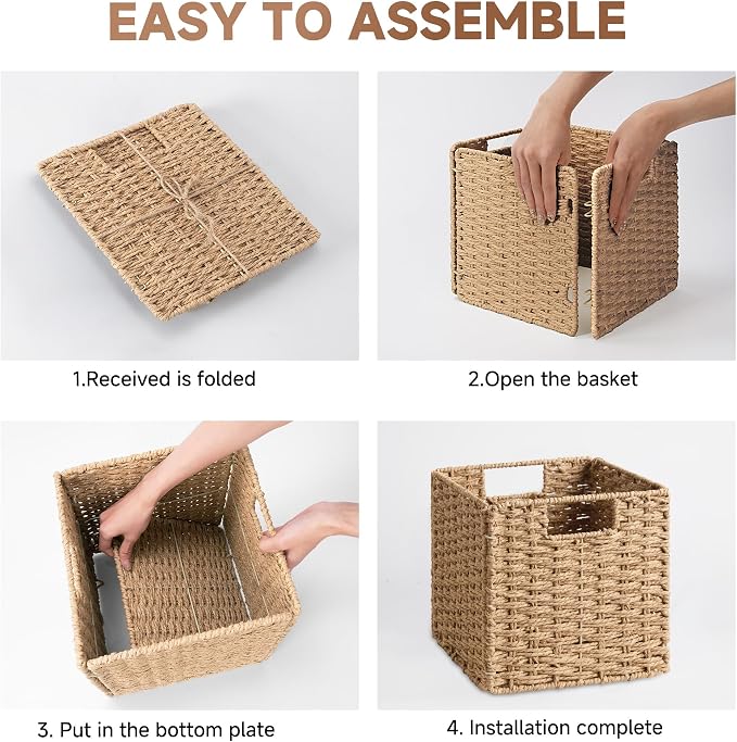 StorageWorks 9 inch Wicker Baskets for Storage, Square Baskets, Natural | 2-Pack, Paper Rope Wicker Storage Cubes,Handwoven Square Cube Organizer Bins,Foldable,Baskets for Organizing,9x9 storage cube - Image 8