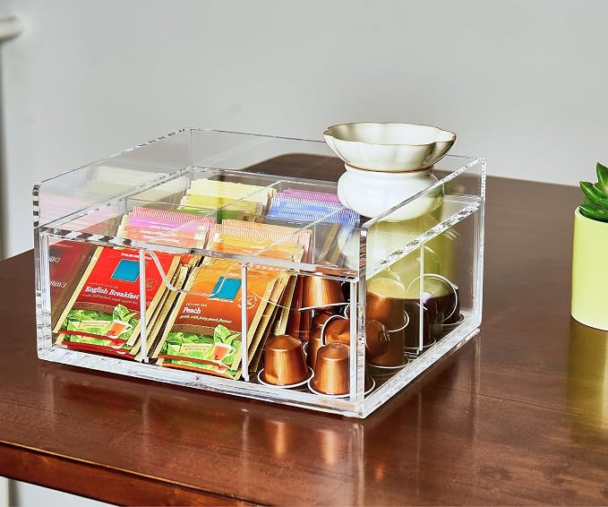 Heavy-Duty Acrylic Tea Station with 6-Compartment Drawer Organizer | Versatile Design: Features a smooth-sliding drawer with 6 compartments, plus a sturdy station top for coffee pods or mugs - Image 9