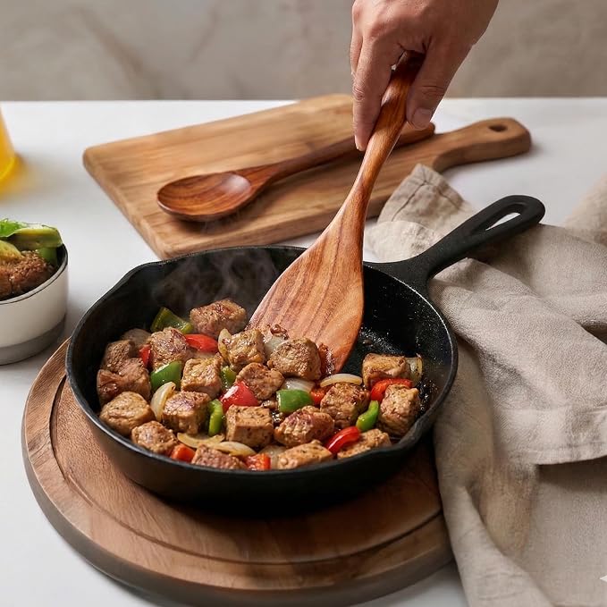 Zulay Kitchen Extra-Large 6-Piece Wooden Spoon Set - Smooth Teak Cooking Utensils - Comfort-Grip Non-Stick Turner, Spatula, Skimmer, Fork, Serving Spoon - Image 9