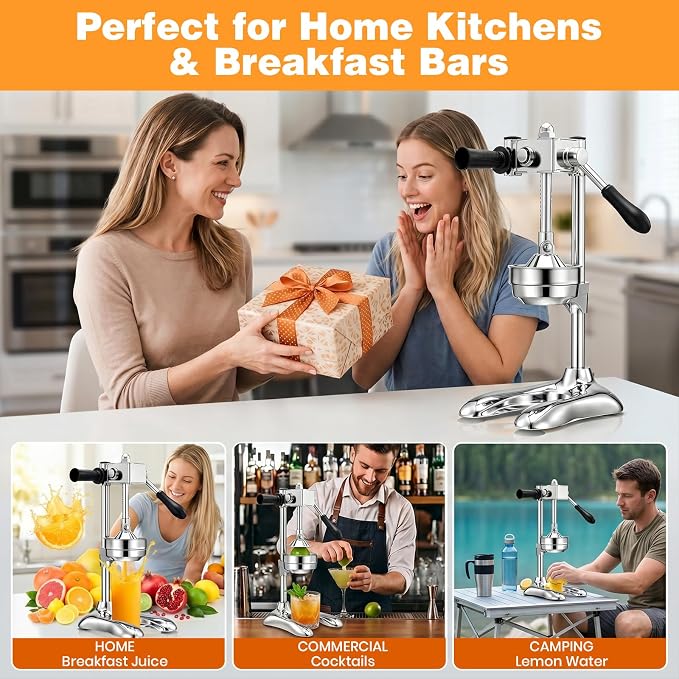 Stainless Steel Manual Citrus Juicer with Stable Countertop Base | Cast Iron Juicer, Hand Juice Squeezer, Gear-Drive Rotary Press for Oranges, Lemons, Pomegranates - Image 9