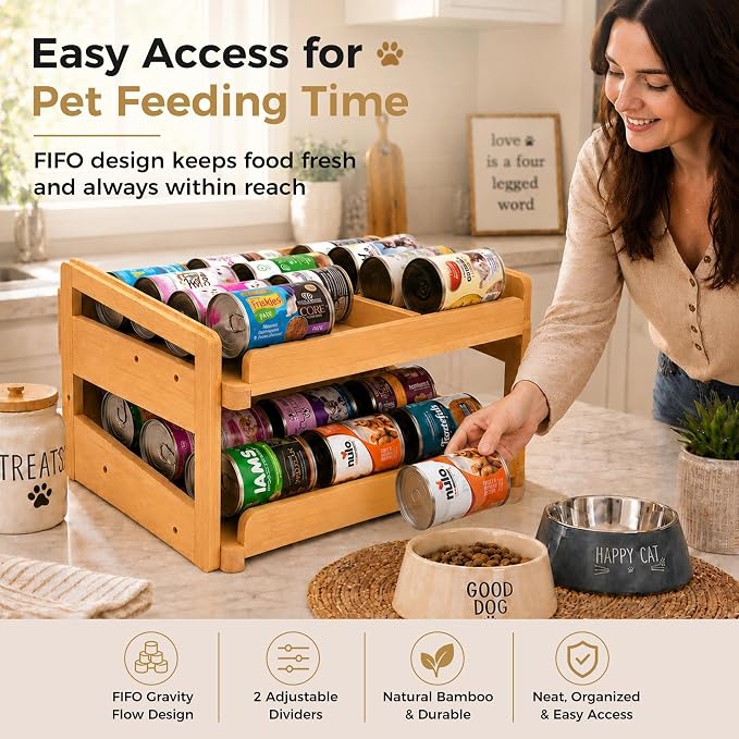 MinBoo Bamboo FIFO Can Organizer for Pantry, 24-Can Gravity Dispenser with Adjustable Dividers, Freestanding Wood Canned Food Storage Rack for Soup, Soda and Pet Food, 15.5" W x 11.6" D x 9.4" H - Image 7