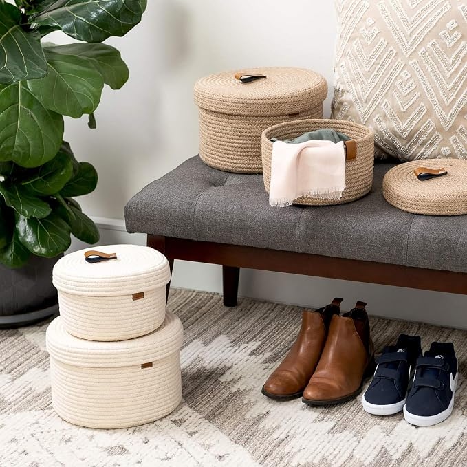 DENJA & CO Set of 2 Decorative Storage Baskets with Lids - Round Woven Baskets for Home Decor and Organizing - Small Shelf Baskets with Leather Tabs and Handles - Decorative Storage and Organizer Bins - Image 9