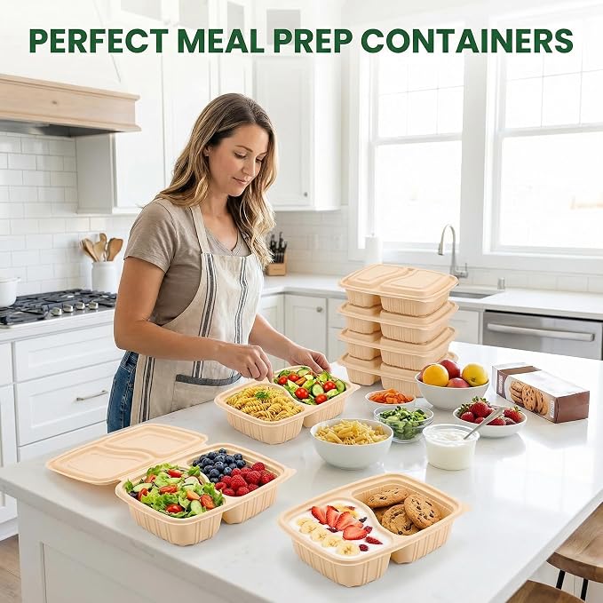 100 Piece (50 Pack) Meal Prep Containers Reusable - 2 Compartment 32 oz Cornstarch Snack Containers with Lids - Plastic Food Storage Salad Containers - To Go Lunch Box - Microwave & Freezer Safe - Image 9