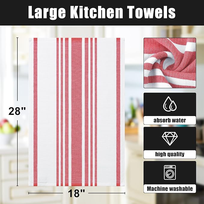 Homaxy Premium Cotton Stripe Kitchen Towels 6 Pack, 18"x 28", Red | Large 380 GSM Kitchen Hand Towels, Soft Terry Dish Towels, Highly Absorbent Tea Towel Set with Hanging Loop - Image 8