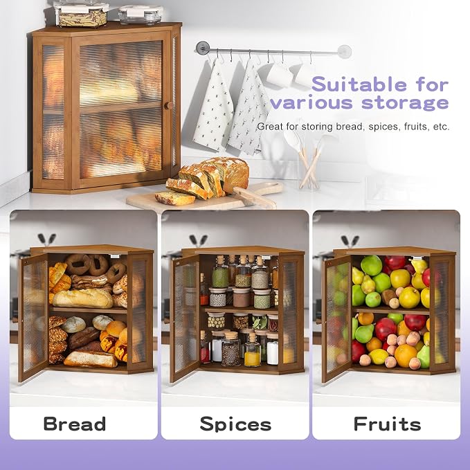 Corner Bread box for Kitchen Countertop,Farmhouse Bread Box with Acrylic Wavy Door Panel,Large Bread box for kitchen countertop,Food Storage Container (Brown, Extra Large) - Image 7