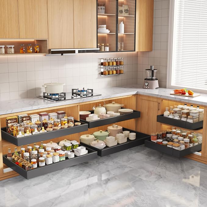 Seinloes 2 Pack Pull Out Cabinet Organizers 21" Deep With Raising Pad for Framed Cabinets, Expandable Width (15.2"-26.3") Slide Out Drawers Upgrade 3 Slide Rails, Roll Out Shelves Adhesive, Black - Image 7