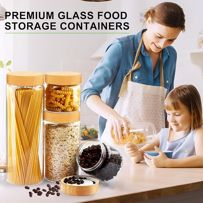 AISIPRIN Airtight Glass Jar with Lid, Glass Storage Containers with Screw On Bamboo Lids, for Cookie, Pasta, Cereal Storage Containers, 5Pcs 80oz 50oz 27oz Canisters Sets for the Kitchen - Image 6