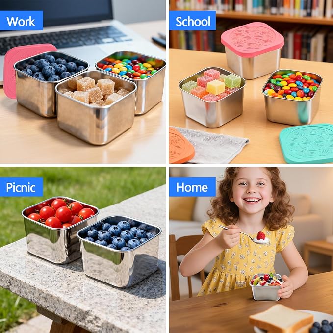 8 Pack 180ml/6oz Stainless Steel Snack Containers with Silicone Lids | 180ml Small Metal Food Storage Boxes for School Daycare Picnic Summer Camp, Reusable BPA-Free Meal Prep Condiment Cups - Image 6
