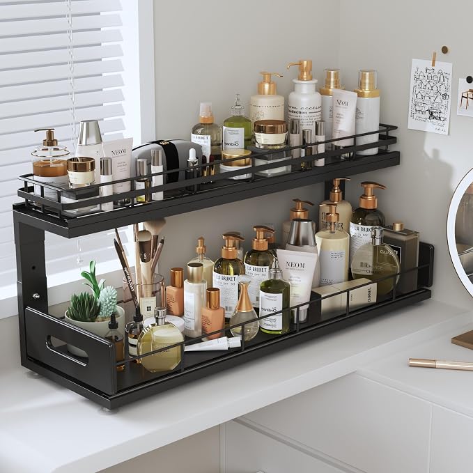 Under Sink Organizer Upgrade To Professional Rails,2-Tier Dual Pull Out Cabinet Storage,Height Adjustable Slide Out Drawers For Bathroom Kitchen,2 Pack-21"Dx12.8"-16.9"H,Black - Image 9
