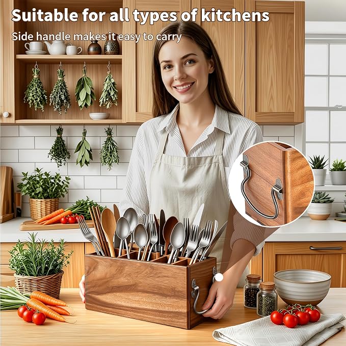 Kitchen Utensil Holder for Countertop Wooden Utensil Organizer with 5 Compartment Utensil Holder Durable Utensil Organizer Large Utensil Rack with Drain Holes Side Handles Stores Cooking Tools - Image 7