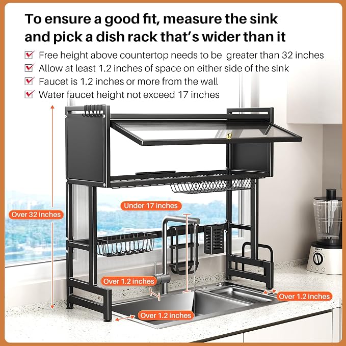 Over The Sink Dish Drainer Drying Rack 3 Tiers with Cover, Keep Kitchen Sink Shlef Organized Space-Saving Dish Drying Rack, Large Stainless Steel Sink Dish Rack for Dishes, Bowls, Cutlery (37.4"w) - Image 9