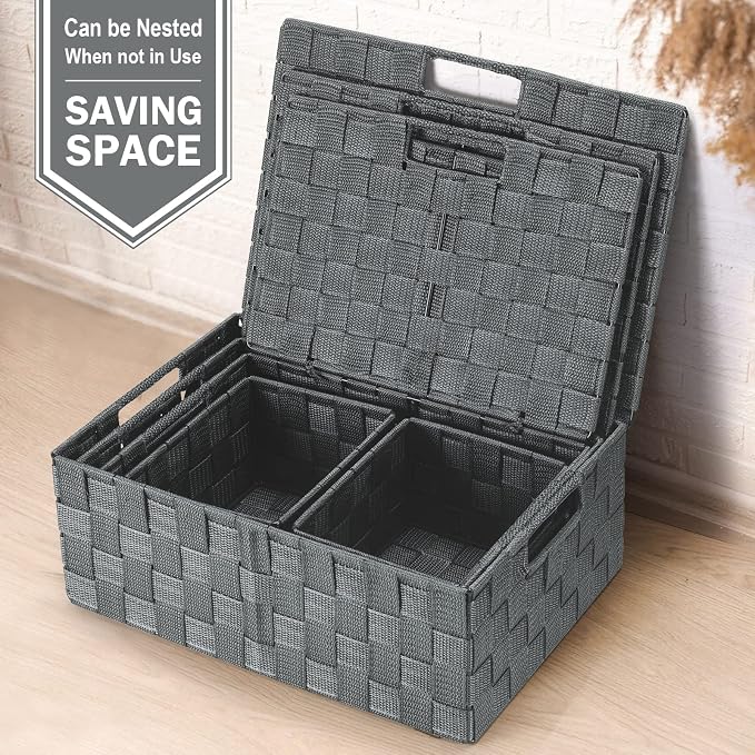 Storage Baskets with Lids: 5 Pack Stackable Woven Storage Bins, Grey | Decorative Woven Baskets for Organizing with Built-In Handles for Shelves, Closets, Cabinets and Cubbies, Gift Small Basket - Image 7