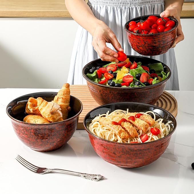 HASENSE Mixing Bowls, 2.1/1.5/1.0/0.5 Qt, Nesting Bowls for Cooking, Baking, Ceramic Serving Dishes Set of 4 for Salad, Fruits, Popcorn, Thanksgiving Christmas Gift, Dishwasher & Microwave Safe, Red - Image 7