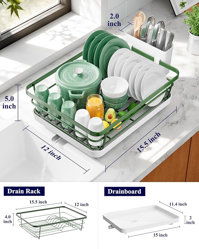 Kitsure Dish Drying Rack for Kitchen Counter, 12''W x 15.5''L, Green | Stainless Steel Sink Organization, Cutlery Holder, Home and Appartment Decor - Image 2