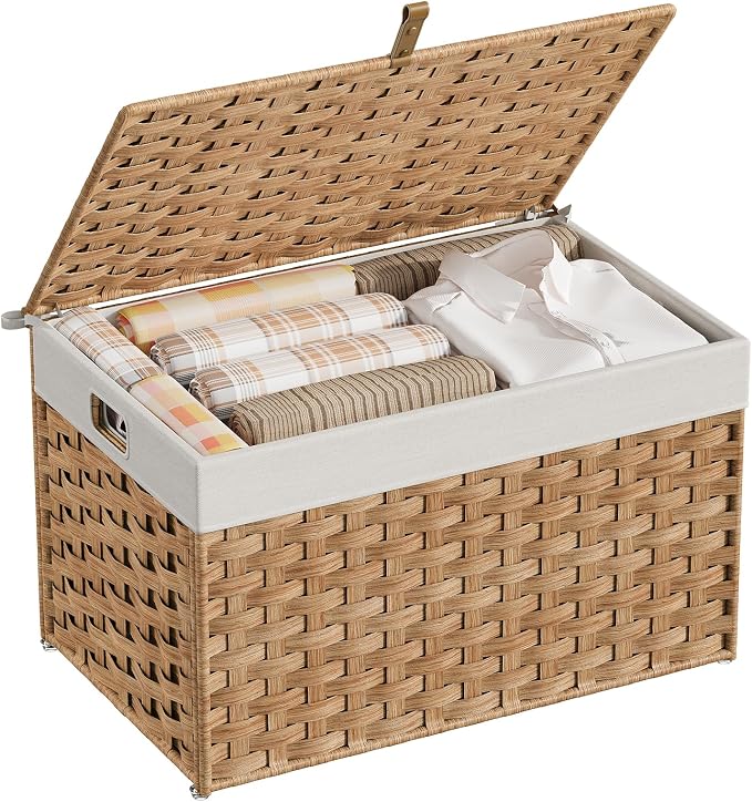 HOOBRO Storage Basket with Lid, 17.2 Gallon (65L) Wicker Basket, Handwoven Blanket Storage Basket with Handles, Metal Frame and Soft Lining, Foldable for Bedroom, Laundry Room, Natural NL265CW01 - Image 8