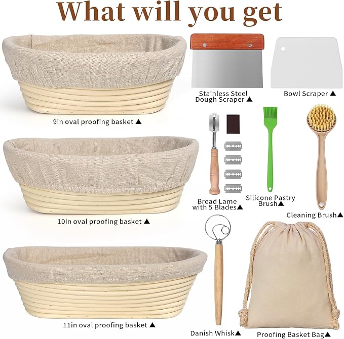 Banneton Bread Proofing Basket Set, 11 Inch Sourdough Proofing Basket and Bread Baking Supplies-Bread Lame, Danish Whisk, Bowl & Dough Scraper, Brush, (Plastic, 9in Oval + 10in Oval+11in) - Image 8