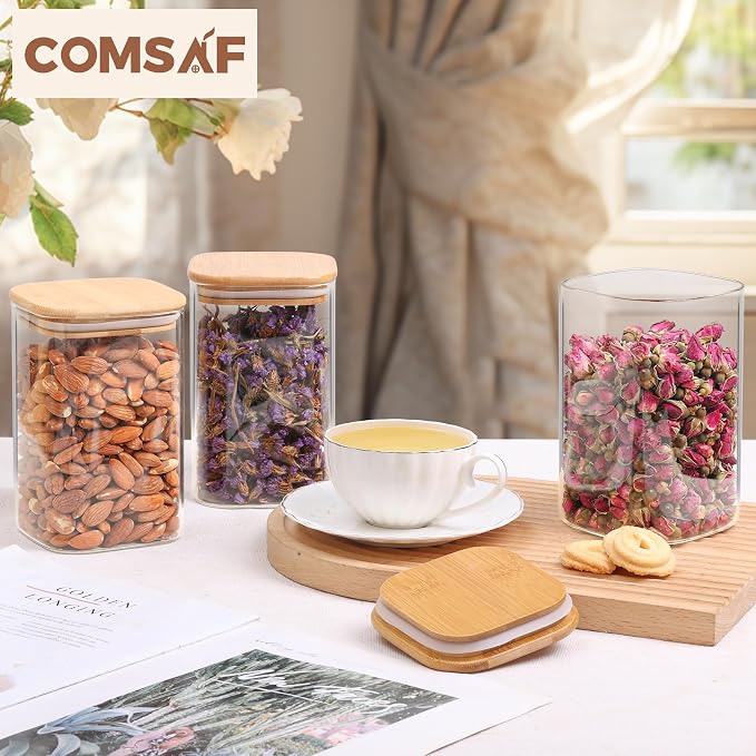 ComSaf Square Glass Containers With Lids 1.2 Qt, Set of 9 Pantry Galss Jars | Food Storage Jar, Kitchen Canisters, Storage Container, Bamboo Lid with Silicone Seal, Cookie, Flour, Spice, Coffee, BPA Free - Image 9