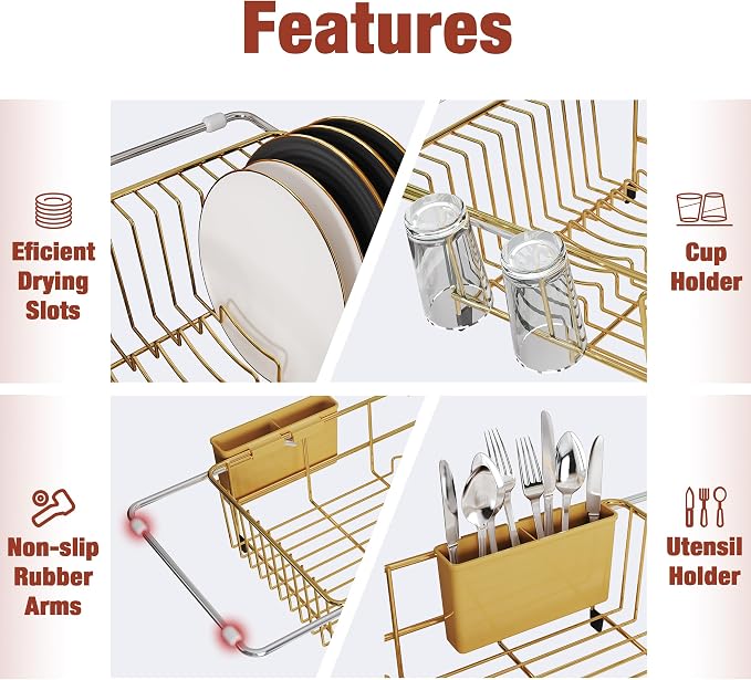 JASIWAY Gold Dish Drying Rack in Sink with Drainboard and Utensil Holder | Use Over the Sink or Counter, Stainless Steel Expandable Dish Drainer for Small Kitchen, Space Saving, Fast Drain, Rustproof - Image 7