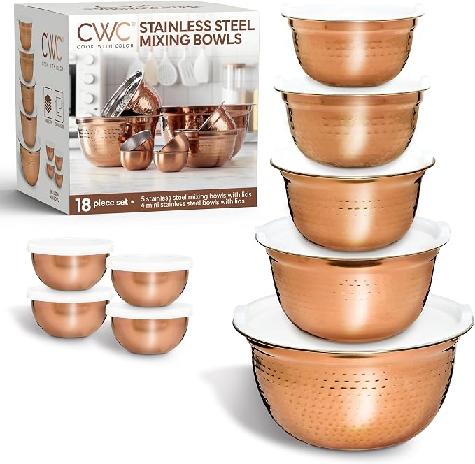 COOK WITH COLOR 18 Piece Mixing Bowls Set with Airtight Lids, Handcrafted Stainless Steel Bowls, Food Storage Containers, Meal Prep, Nesting Salad Bowls For Cooking, Baking, Kitchen, Copper - Hammered - Image 9