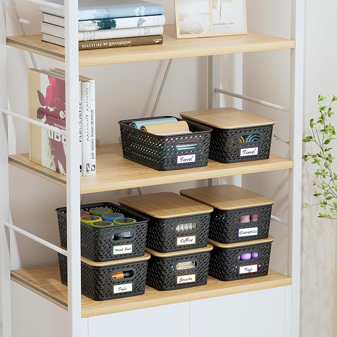 Anysig 8 Pack Plastic Storage Bins with Bamboo Lids, 5.2 QT Stackable Bins | Decorative Small Storage Basket Containers for Organizing Shelves Office Classroom Desktop Closet, Black - Image 7