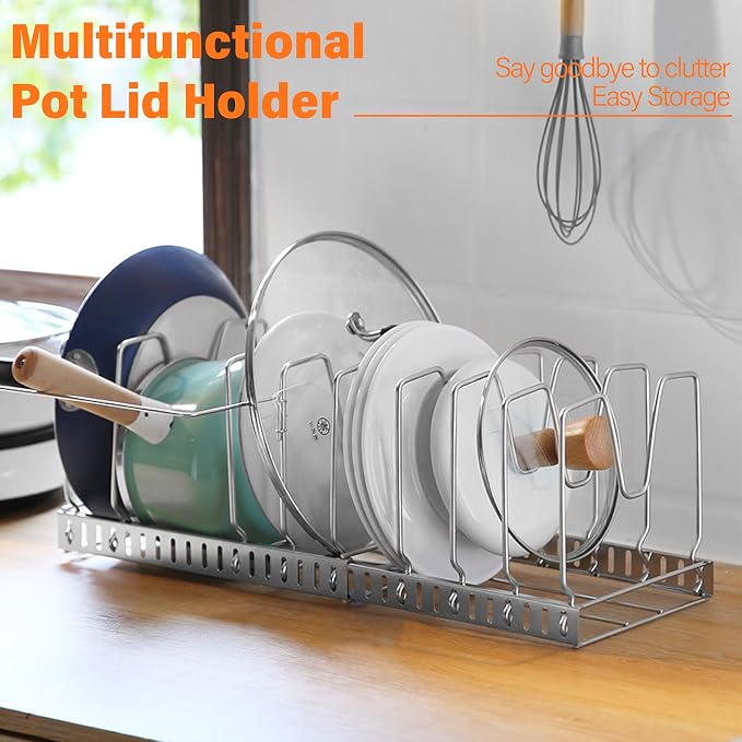 Expandable Pot and Pan Organizers Rack,304 Stainless Steel Pots Lid Organizer Rack Holder for Cabinet, Kitchen Cabinet Pantry Bakeware Organizer Rack Holder with 8 Adjustable Compartments - Image 7