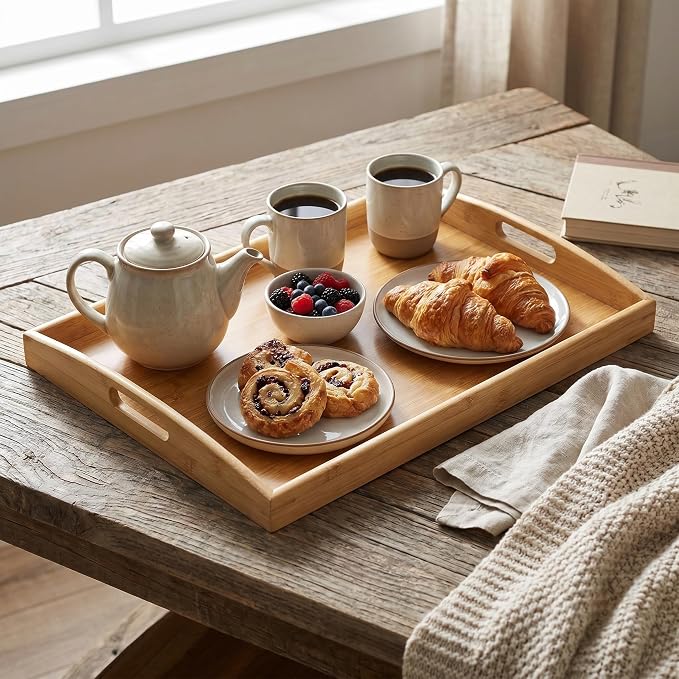 Bam & Boo Natural Bamboo Serving Tray Extra Large Rectangular with Handles for Food, Drinks, Storage, Decor, Vanity, Breakfast, Parties, Weddings, Picnics(23.6” x 15” x 2.35”, Natural) - Image 8