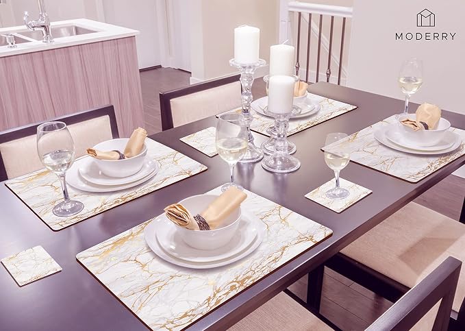 Set of 4 Heat Resistant Cork Placemats for Dining Table with Free Set of 4 Matching Drink Coasters Marble Design 16 x 12 Inches Cork Backed Hard Placemats (Foiled Gold) - Image 9