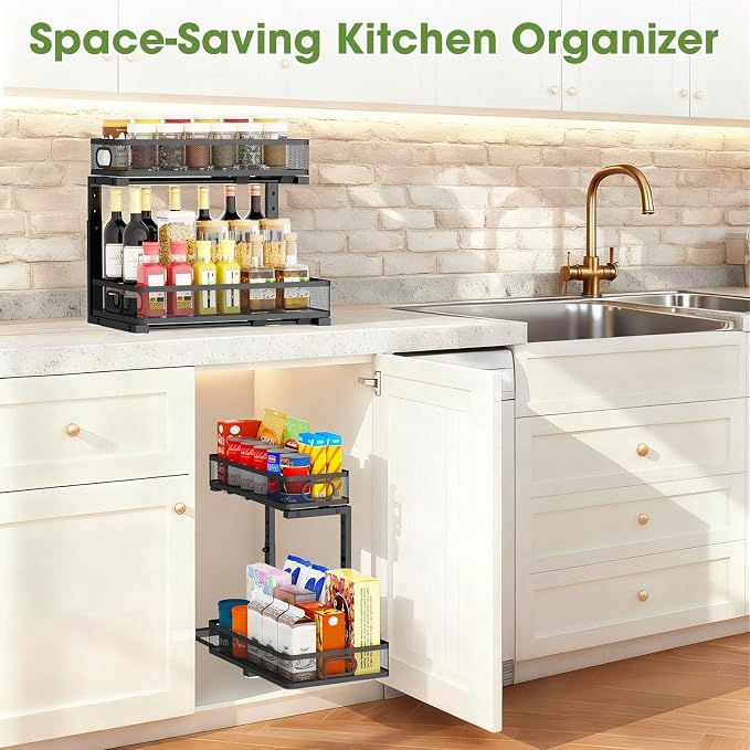 Under Sink Organizer 4-Pack, Metal 2-Tier Pull-Out Cabinet Shelf with Slide-Out Mesh Drawers, Height Adjustable, Space-Saving Storage Racks for Kitchen, Bathroom, Laundry Room - Image 9