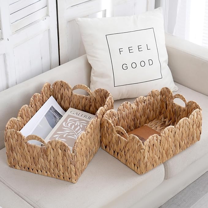 Wicker Storage Baskets with Handles, Woven Organizer, 2-Pack | 2-pack natural wicker baskets with handles in large and small sizes; woven organizers for home, kitchen and nursery storage. - Image 7