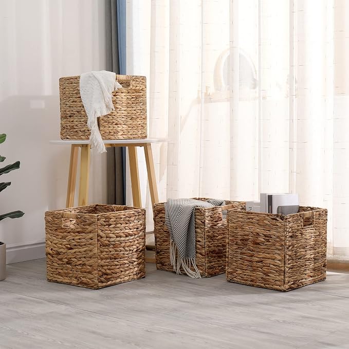 11x11in Storage Baskets 4 Pcs Water Hyacinth Baskets,Foldable Handwoven Storage Cubes - Image 7