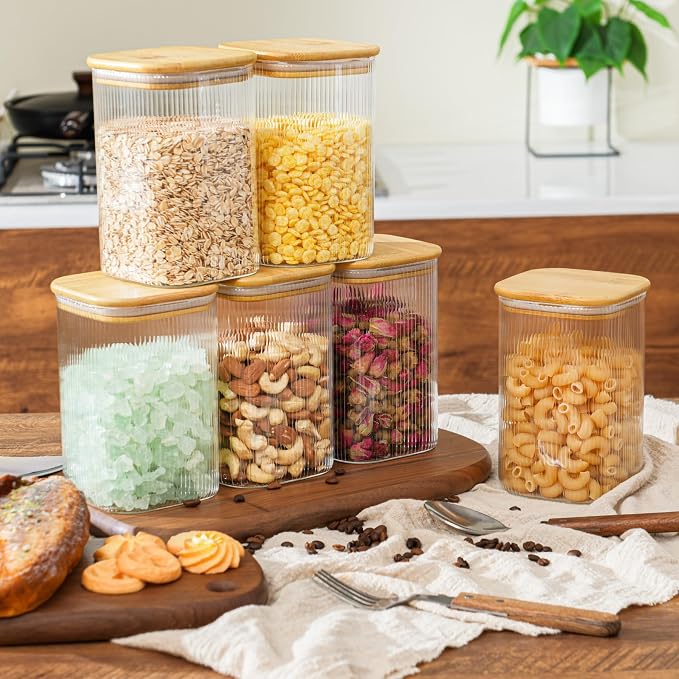 D2scrma 37oz Airtight Glass Square Storage Canisters with Bamboo Lids Set of 4 (1100ml) Striped Stackable Containers, Decorative Kitchen Jars for Tea, Nuts and Coffee (with Black Lable) - Image 8