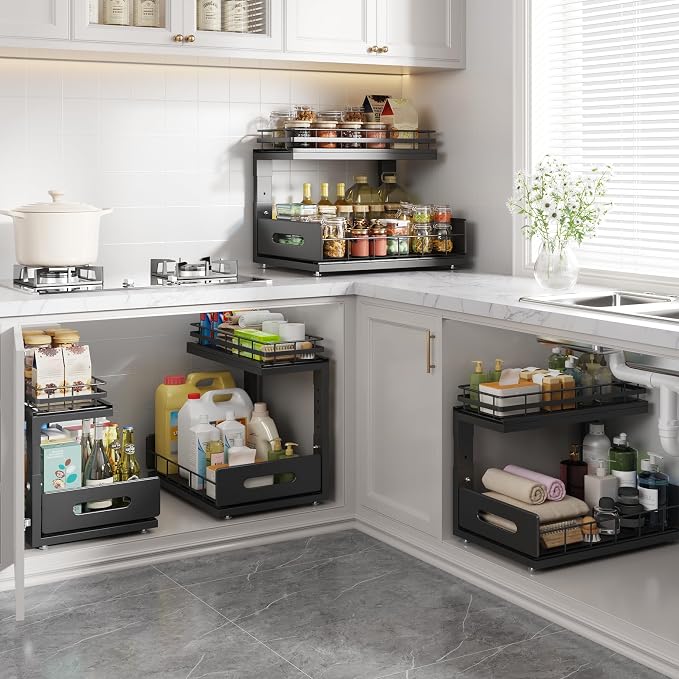 Under Sink Organizer Upgrade To Professional Rails,2-Tier Dual Pull Out Cabinet Storage,Height Adjustable Slide Out Drawers For Bathroom Kitchen,2 Pack-14.5" Dx12.8-16.9" H,Black - Image 8