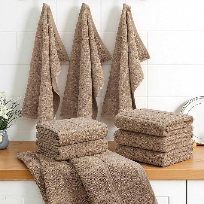 Homaxy 100% Cotton Kitchen Towels 18"x28", 8 Pack Dish Towels, Khaki | Large 380 GSM Soft and Absorbent Kitchen Hand Towels with Terry Grid Design, Utility Tea Towel Set with Hanging Loop - Image 8